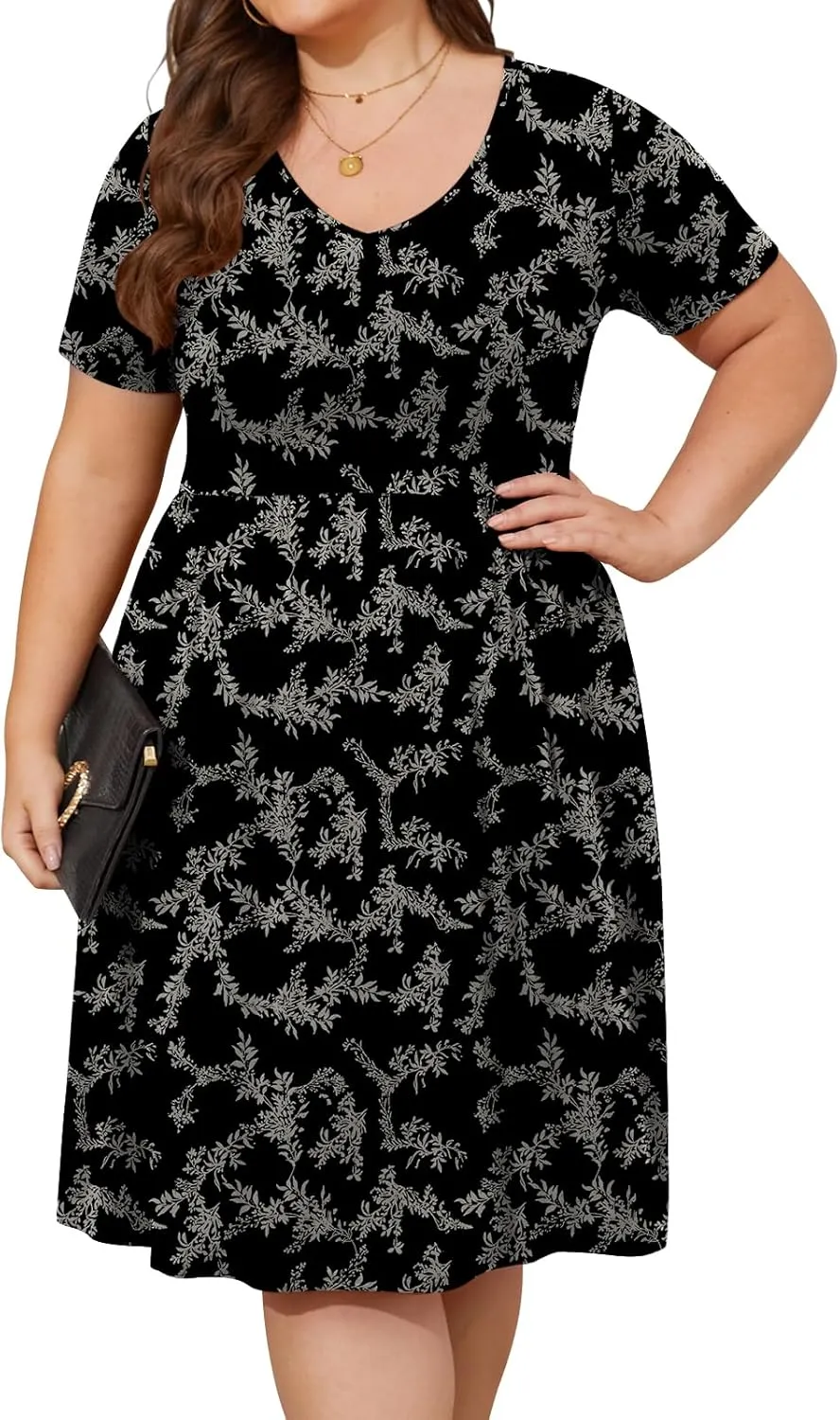 DB MOON Women Plus Size Dresses 2025 Summer Casual V Neck Short Sleeve Knee Length Dress with Pockets XL