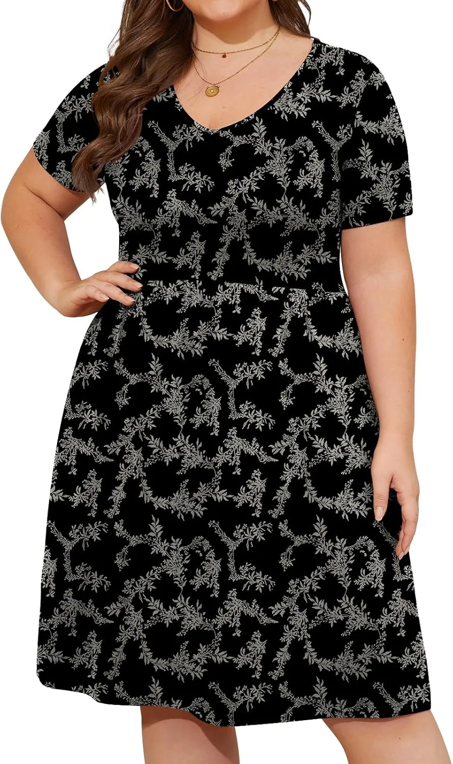 DB MOON Women Plus Size Dresses 2025 Summer Casual V Neck Short Sleeve Knee Length Dress with Pockets XL