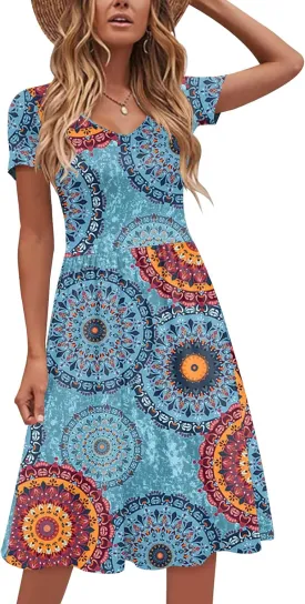DB MOON Women Plus Size Dresses 2025 Summer Casual V Neck Short Sleeve Knee Length Dress with Pockets XL