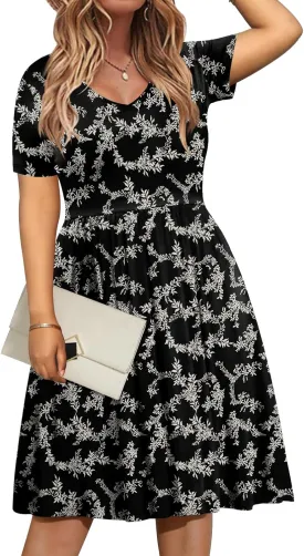 DB MOON Women Plus Size Dresses 2025 Summer Casual V Neck Short Sleeve Knee Length Dress with Pockets XL