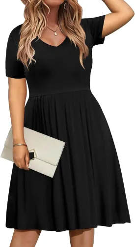 DB MOON Women Plus Size Dresses 2025 Summer Casual V Neck Short Sleeve Knee Length Dress with Pockets XL