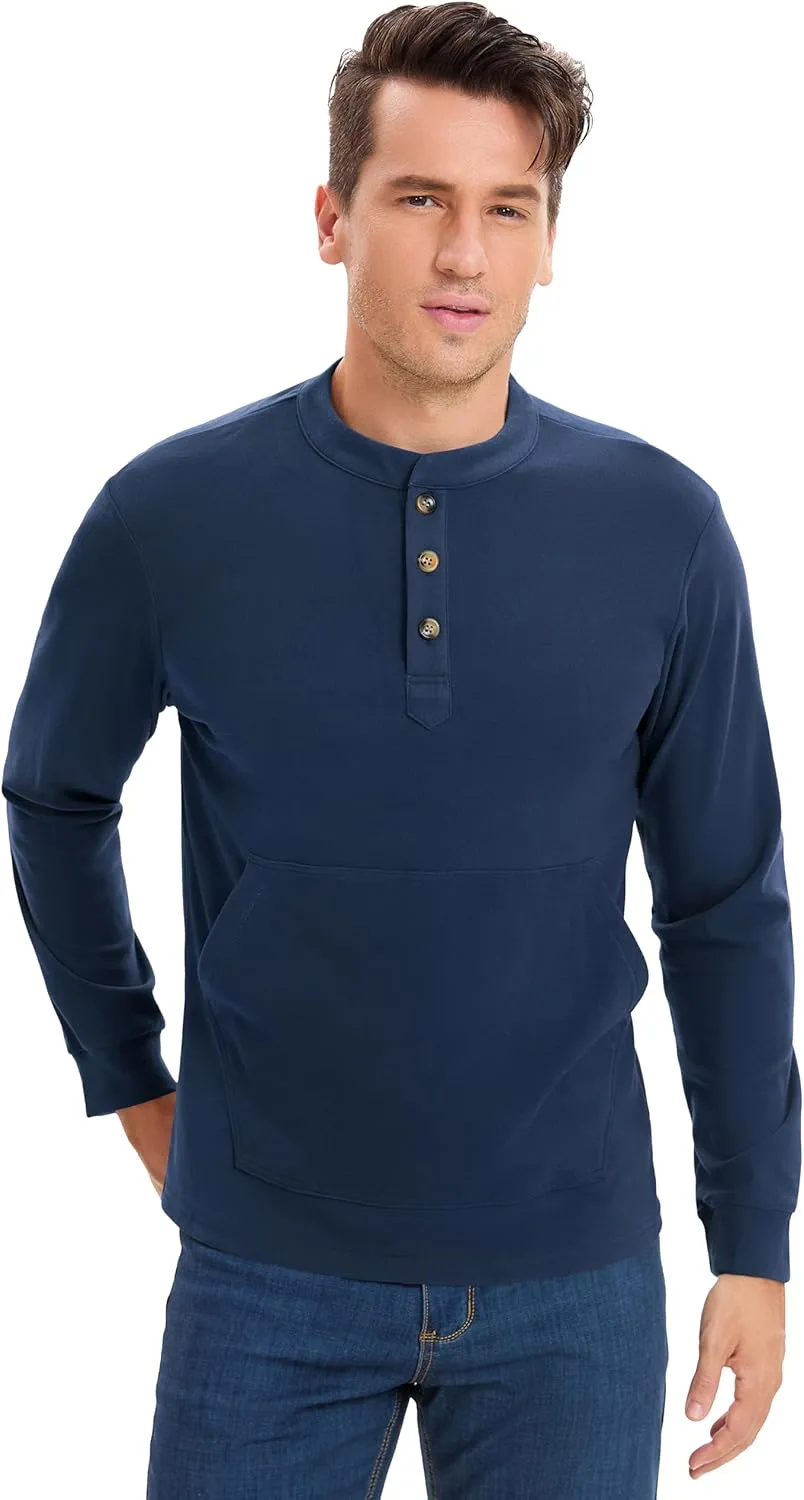 Derminpro Men's Henley Sweatshirts Long Sleeve Casual Solid Fleece Lining Lightweight Thermal T Shirt with Kangaroo Pocket