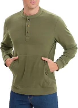 Derminpro Men's Henley Sweatshirts Long Sleeve Casual Solid Fleece Lining Lightweight Thermal T Shirt with Kangaroo Pocket