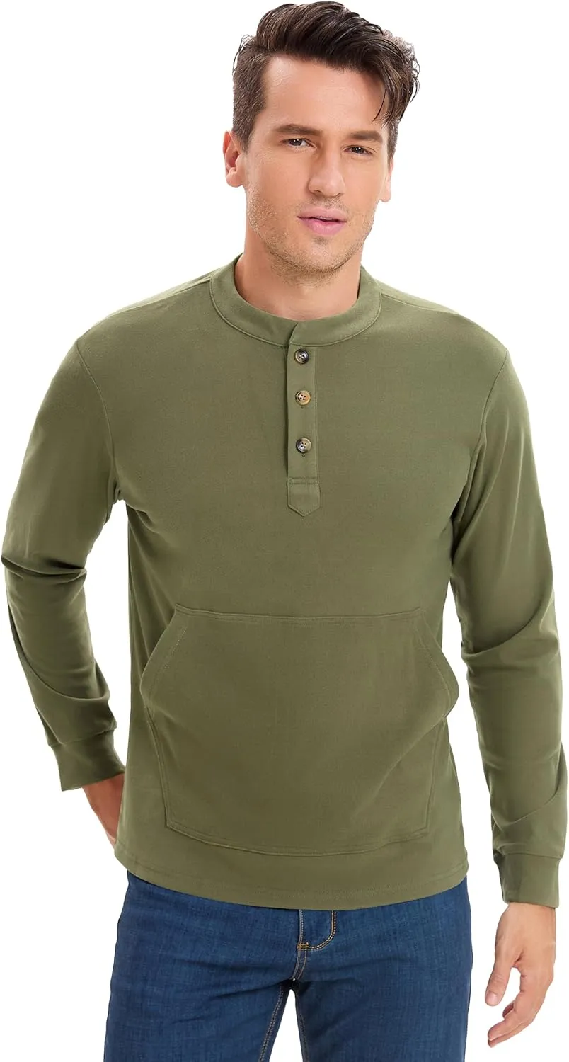 Derminpro Men's Henley Sweatshirts Long Sleeve Casual Solid Fleece Lining Lightweight Thermal T Shirt with Kangaroo Pocket