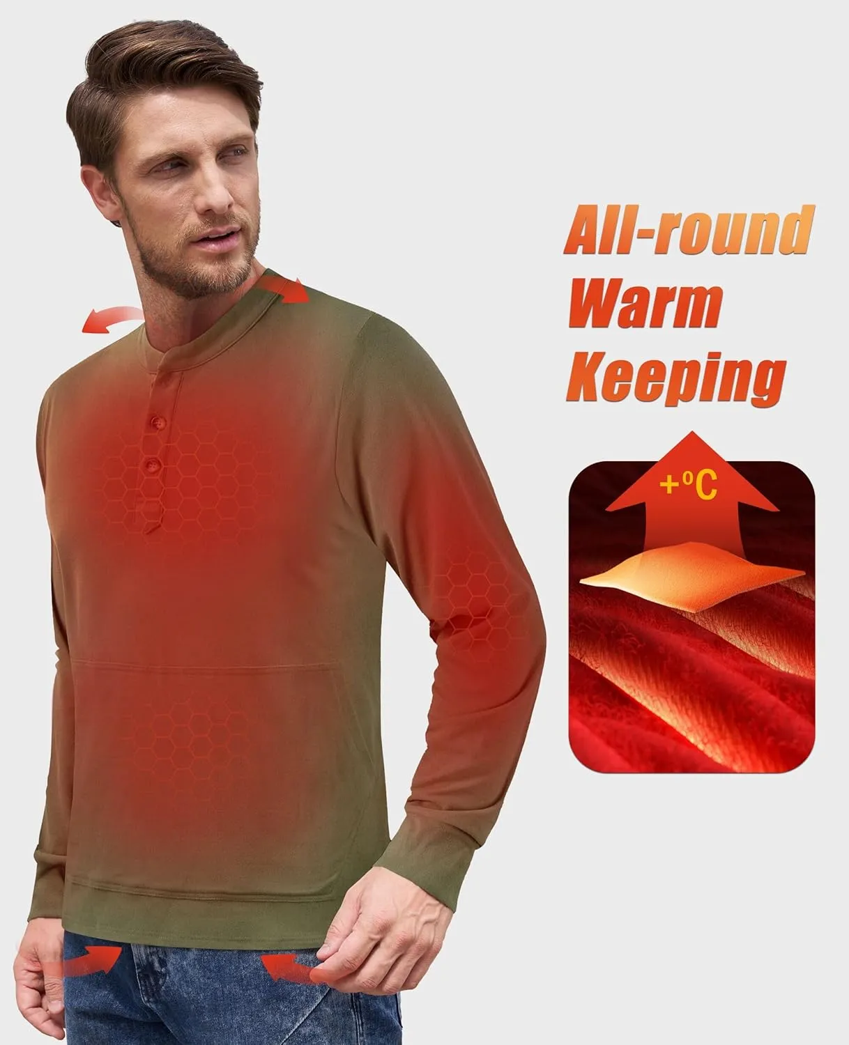 Derminpro Men's Henley Sweatshirts Long Sleeve Casual Solid Fleece Lining Lightweight Thermal T Shirt with Kangaroo Pocket