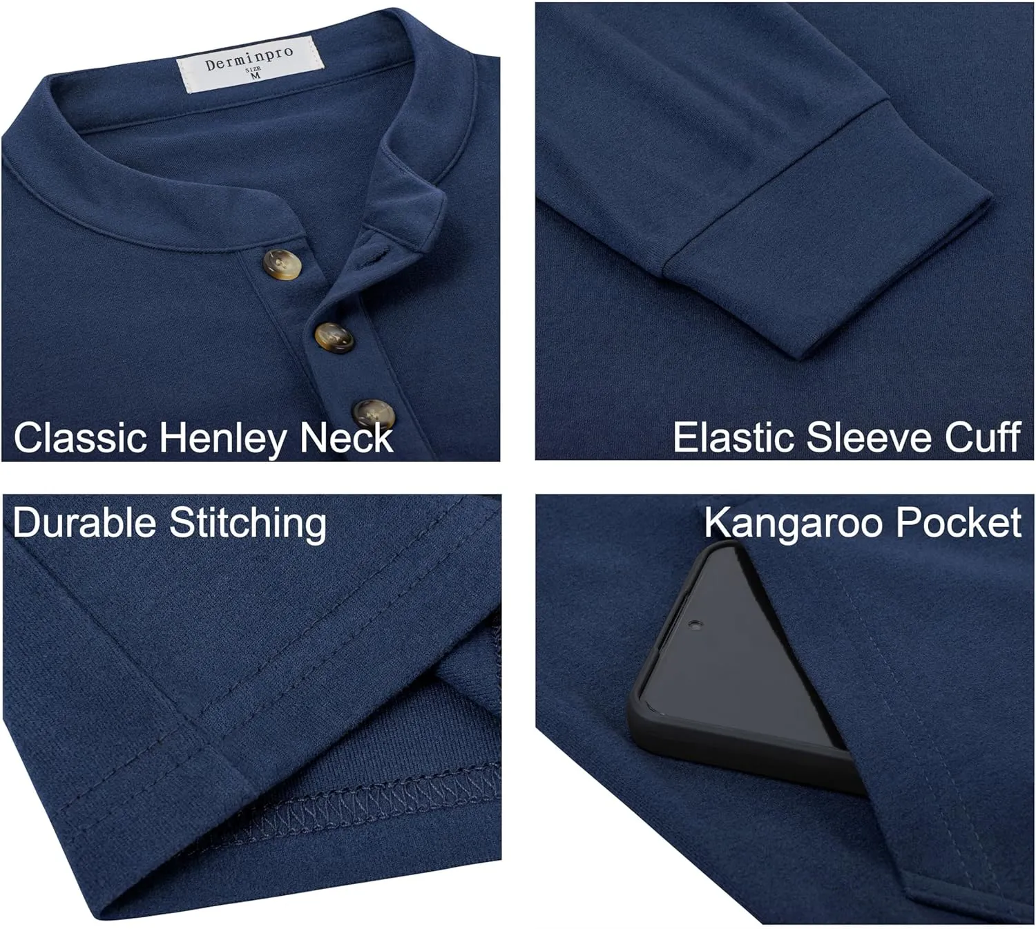 Derminpro Men's Henley Sweatshirts Long Sleeve Casual Solid Fleece Lining Lightweight Thermal T Shirt with Kangaroo Pocket