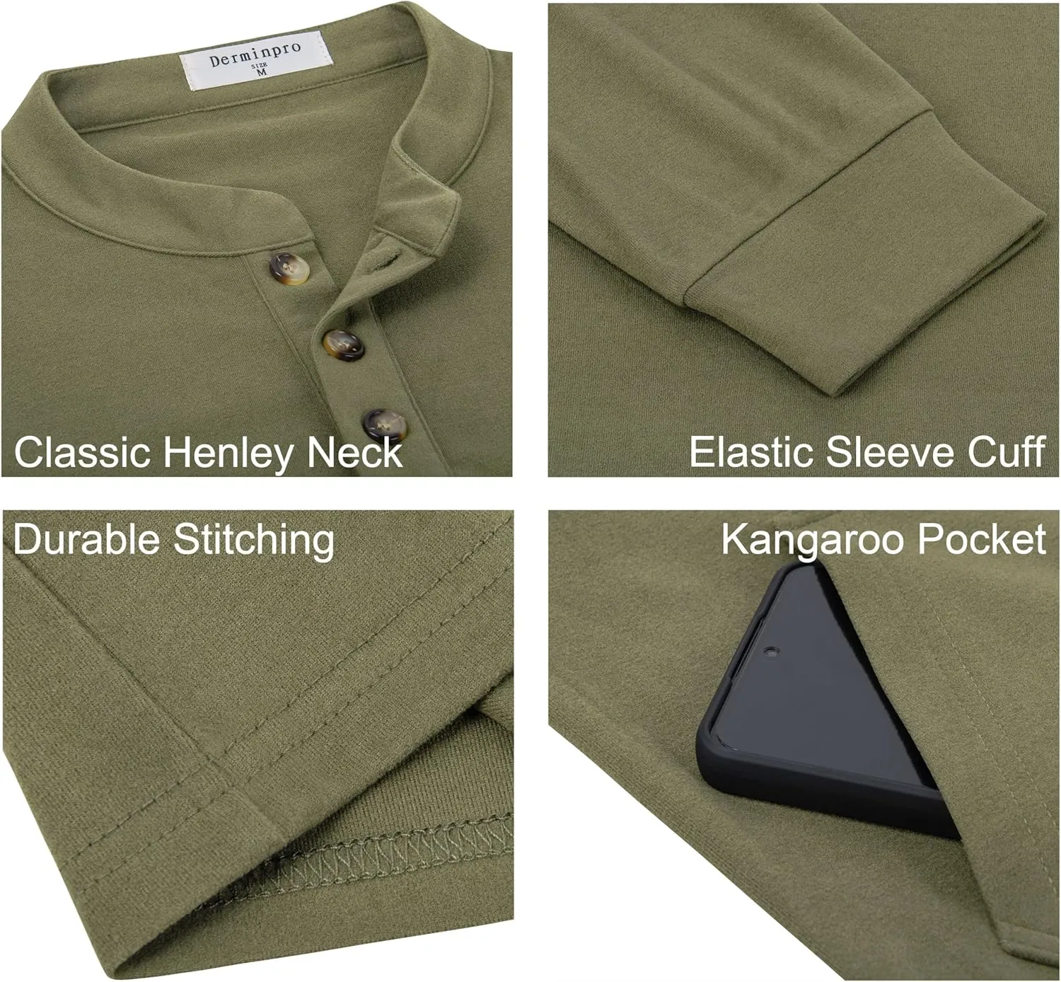 Derminpro Men's Henley Sweatshirts Long Sleeve Casual Solid Fleece Lining Lightweight Thermal T Shirt with Kangaroo Pocket