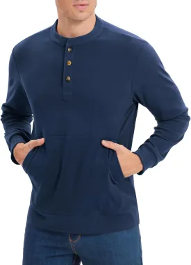 Derminpro Men's Henley Sweatshirts Long Sleeve Casual Solid Fleece Lining Lightweight Thermal T Shirt with Kangaroo Pocket