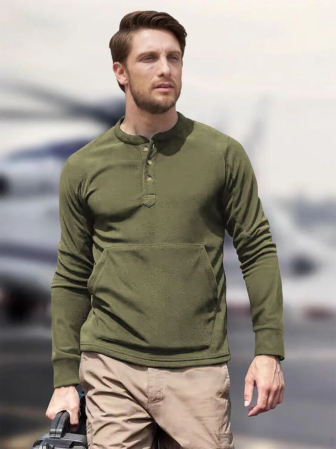 Derminpro Men's Henley Sweatshirts Long Sleeve Casual Solid Fleece Lining Lightweight Thermal T Shirt with Kangaroo Pocket
