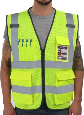 Dib Safety Reflective Vest Mesh, High Visibility Vest with Pockets and Zipper, Construction Work Vest ANSI Class 2, Yellow Mesh L