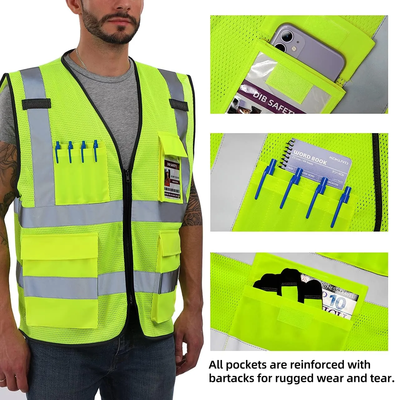 Dib Safety Reflective Vest Mesh, High Visibility Vest with Pockets and Zipper, Construction Work Vest ANSI Class 2, Yellow Mesh L