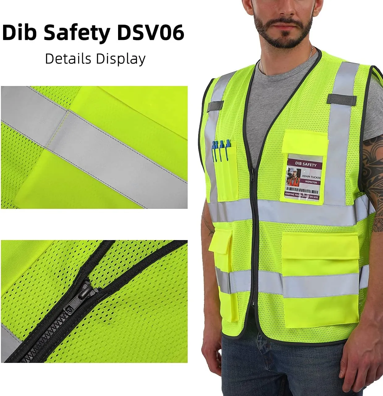 Dib Safety Reflective Vest Mesh, High Visibility Vest with Pockets and Zipper, Construction Work Vest ANSI Class 2, Yellow Mesh L