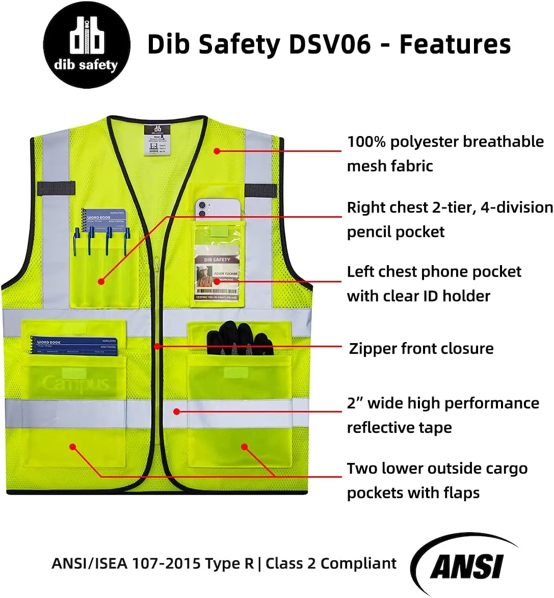 Dib Safety Reflective Vest Mesh, High Visibility Vest with Pockets and Zipper, Construction Work Vest ANSI Class 2, Yellow Mesh L
