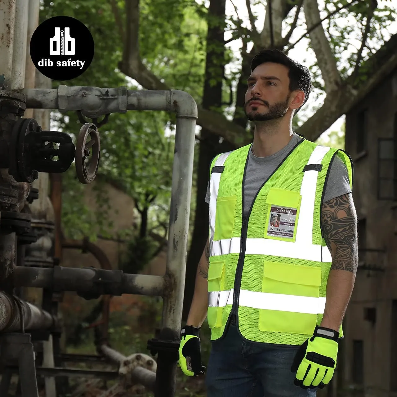 Dib Safety Reflective Vest Mesh, High Visibility Vest with Pockets and Zipper, Construction Work Vest ANSI Class 2, Yellow Mesh L