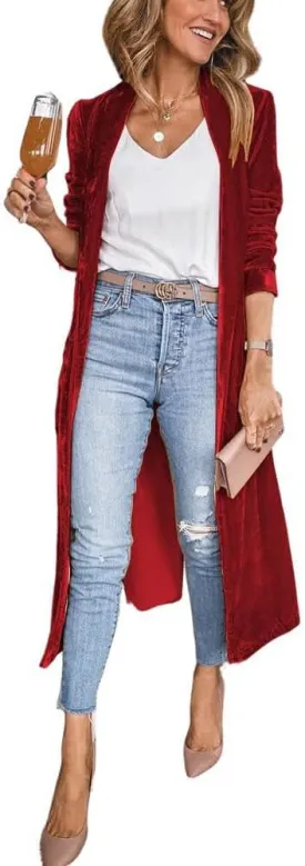 ebossy Women's Vintage Velvet Open Front Cardigan Blazer Suits Silky Loose Fit Long Jacket Coat