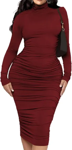 Ekaliy Women's Ruched Bodycon Midi Dress Mock Neck Long Sleeves Party Club Dresses