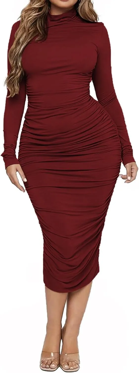 Ekaliy Women's Ruched Bodycon Midi Dress Mock Neck Long Sleeves Party Club Dresses
