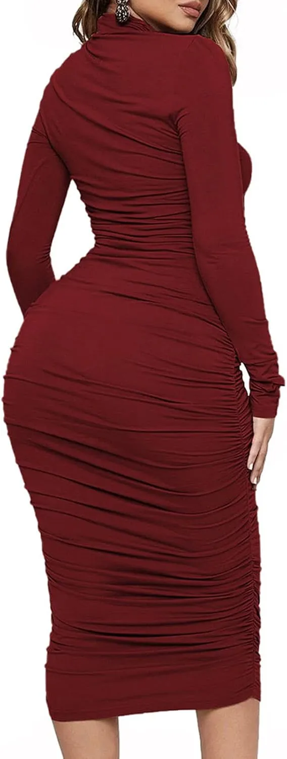Ekaliy Women's Ruched Bodycon Midi Dress Mock Neck Long Sleeves Party Club Dresses