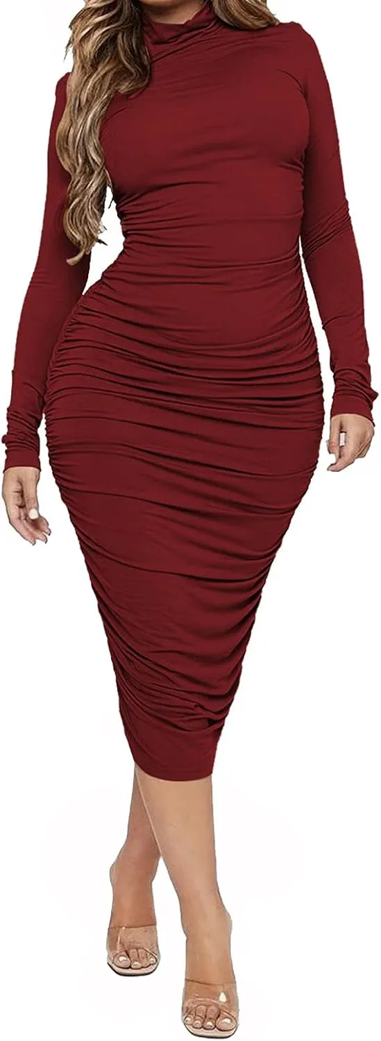 Ekaliy Women's Ruched Bodycon Midi Dress Mock Neck Long Sleeves Party Club Dresses