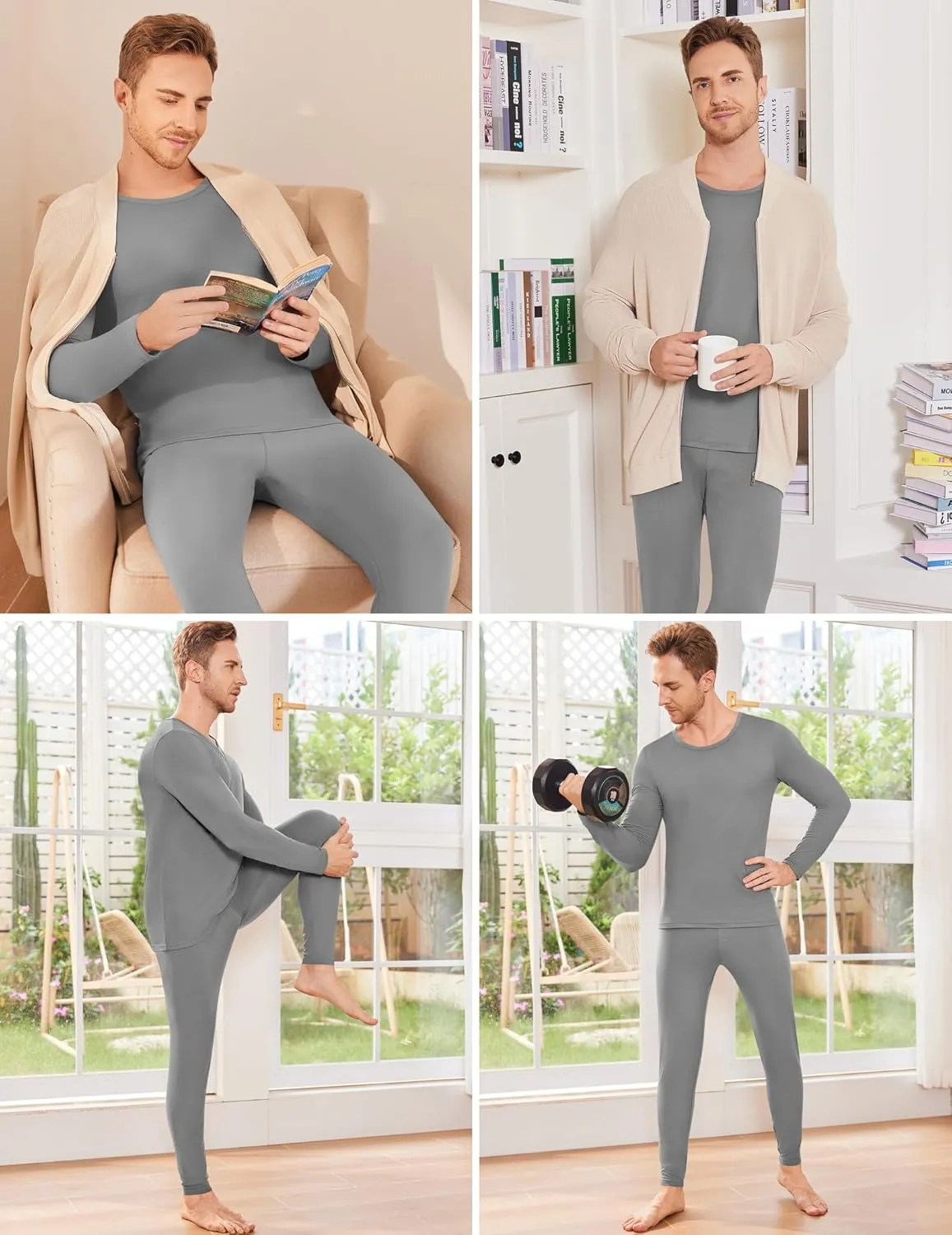 Ekouaer Men Thin Thermal Underwear Set Soft Long Johns Set 2 Pcs Warm Base Layer Top & Bottom for Cold Weather