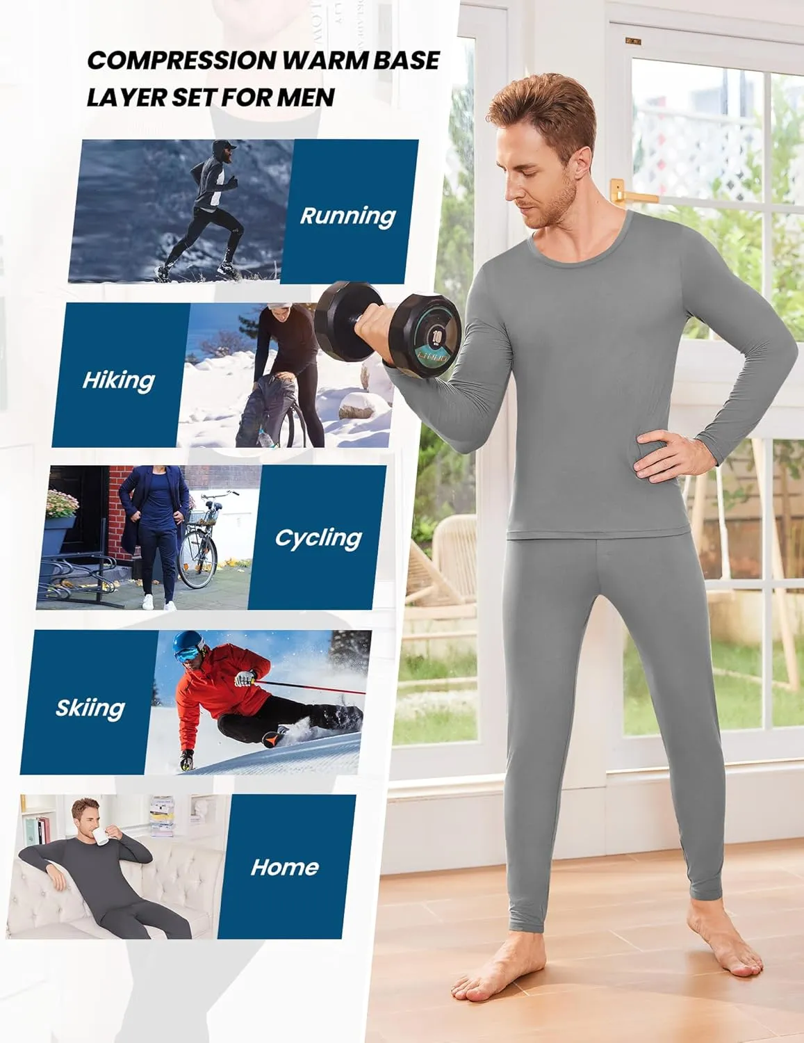 Ekouaer Men Thin Thermal Underwear Set Soft Long Johns Set 2 Pcs Warm Base Layer Top & Bottom for Cold Weather