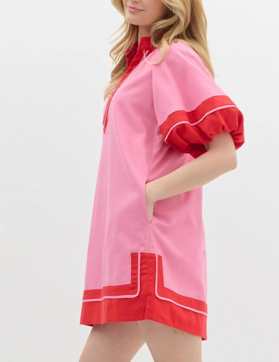 Esmeling Womens Color Block Pullover Dress V Neck Puff Sleeve Shirt Dress Casual Mini Dress with Pockets