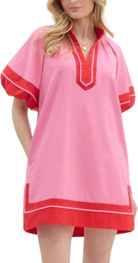Esmeling Womens Color Block Pullover Dress V Neck Puff Sleeve Shirt Dress Casual Mini Dress with Pockets