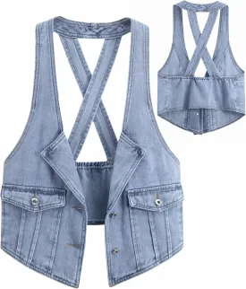 Fitted Denim Vest Cropped Sexy Cute Halter Jean Vest Top For Women lightweight With Pockets