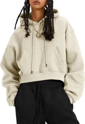 Flygo Womens Fleece Hoodie Sweatshirt Cropped Drawstring Hooded Crop Tops Pullover with Kangaroo Pocket