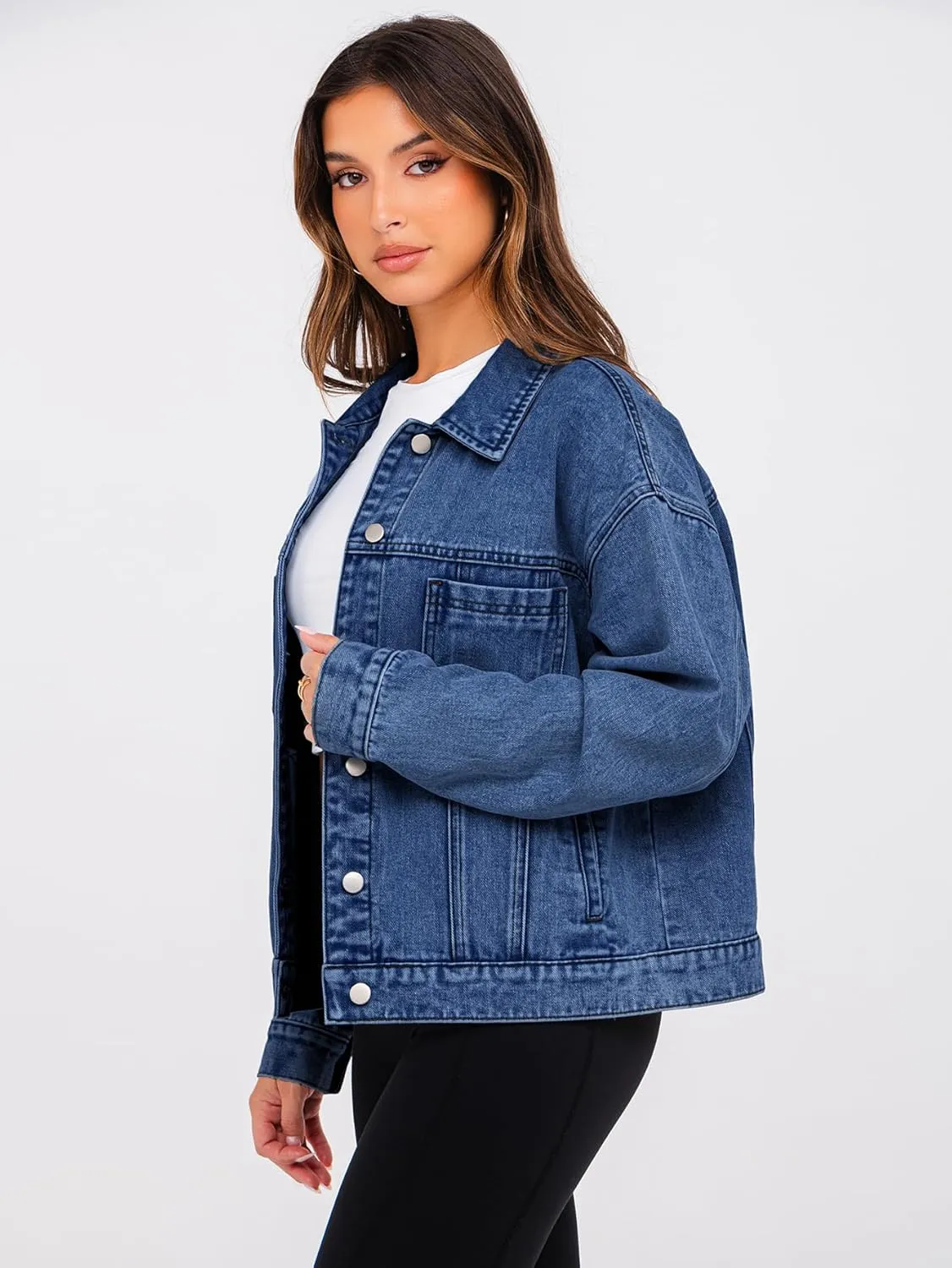 Glamaker Womens Oversized Jean Jacket Casual Long Sleeve Button Down Denim Jacket Fall Coat