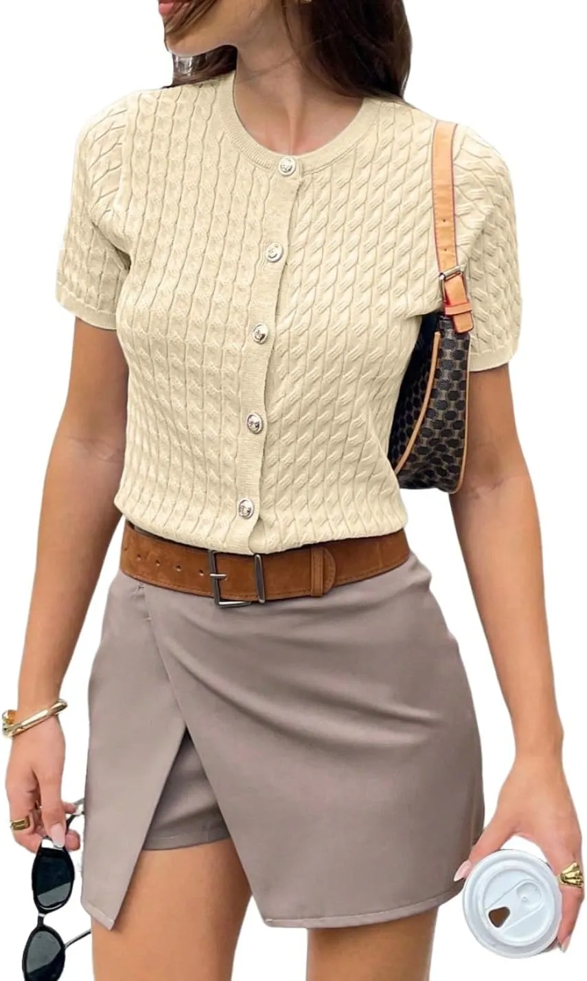 GORGLITTER Women's Short Sleeve Cable Knit Cardigan Sweater Button Down Basic Crewneck Going Out Knitted Tops