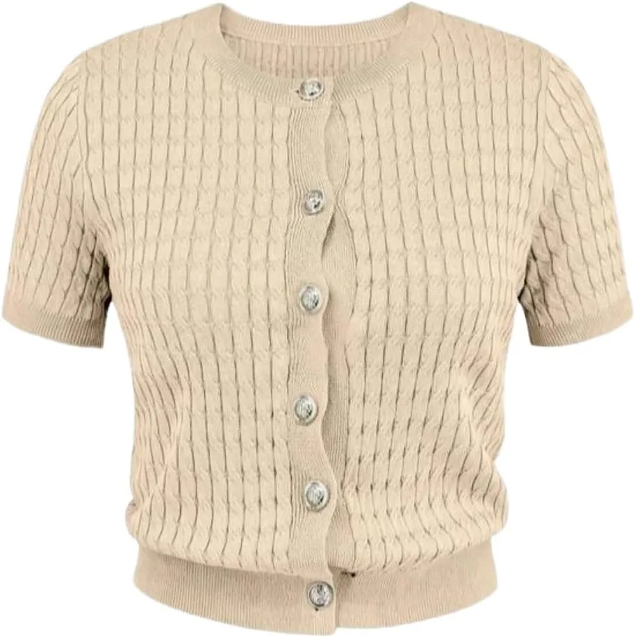 GORGLITTER Women's Short Sleeve Cable Knit Cardigan Sweater Button Down Basic Crewneck Going Out Knitted Tops