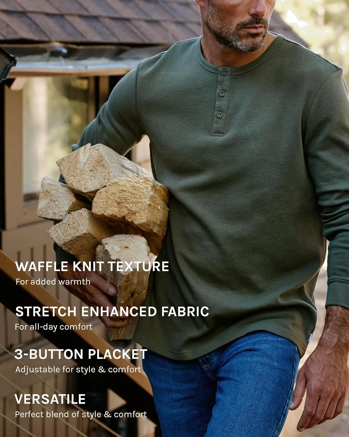INTO THE AM Long Sleeve Waffle Henley Shirts for Men S-4XL Men's Soft Thermal Cotton Fall Shirts