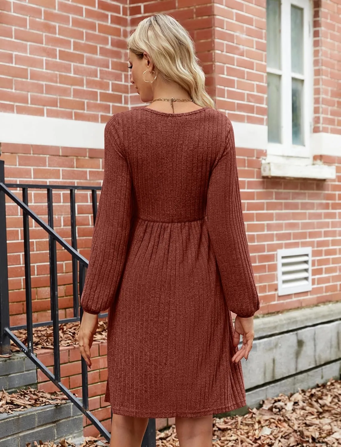 JUSTFASHIONNOW Womens Knit Dress Long Sleeve Knee Length Dresses Button Fall Dress with Pockets Trendy 2025