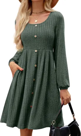 JUSTFASHIONNOW Womens Knit Dress Long Sleeve Knee Length Dresses Button Fall Dress with Pockets Trendy 2025
