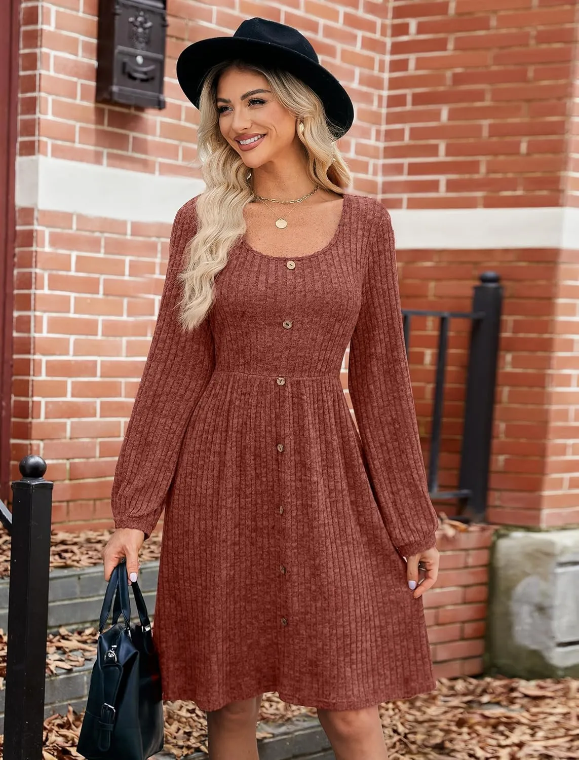 JUSTFASHIONNOW Womens Knit Dress Long Sleeve Knee Length Dresses Button Fall Dress with Pockets Trendy 2025