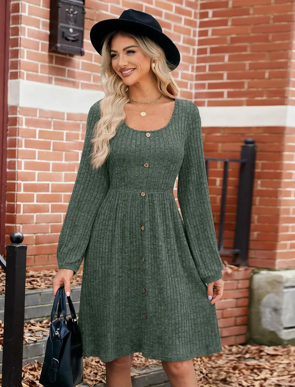JUSTFASHIONNOW Womens Knit Dress Long Sleeve Knee Length Dresses Button Fall Dress with Pockets Trendy 2025
