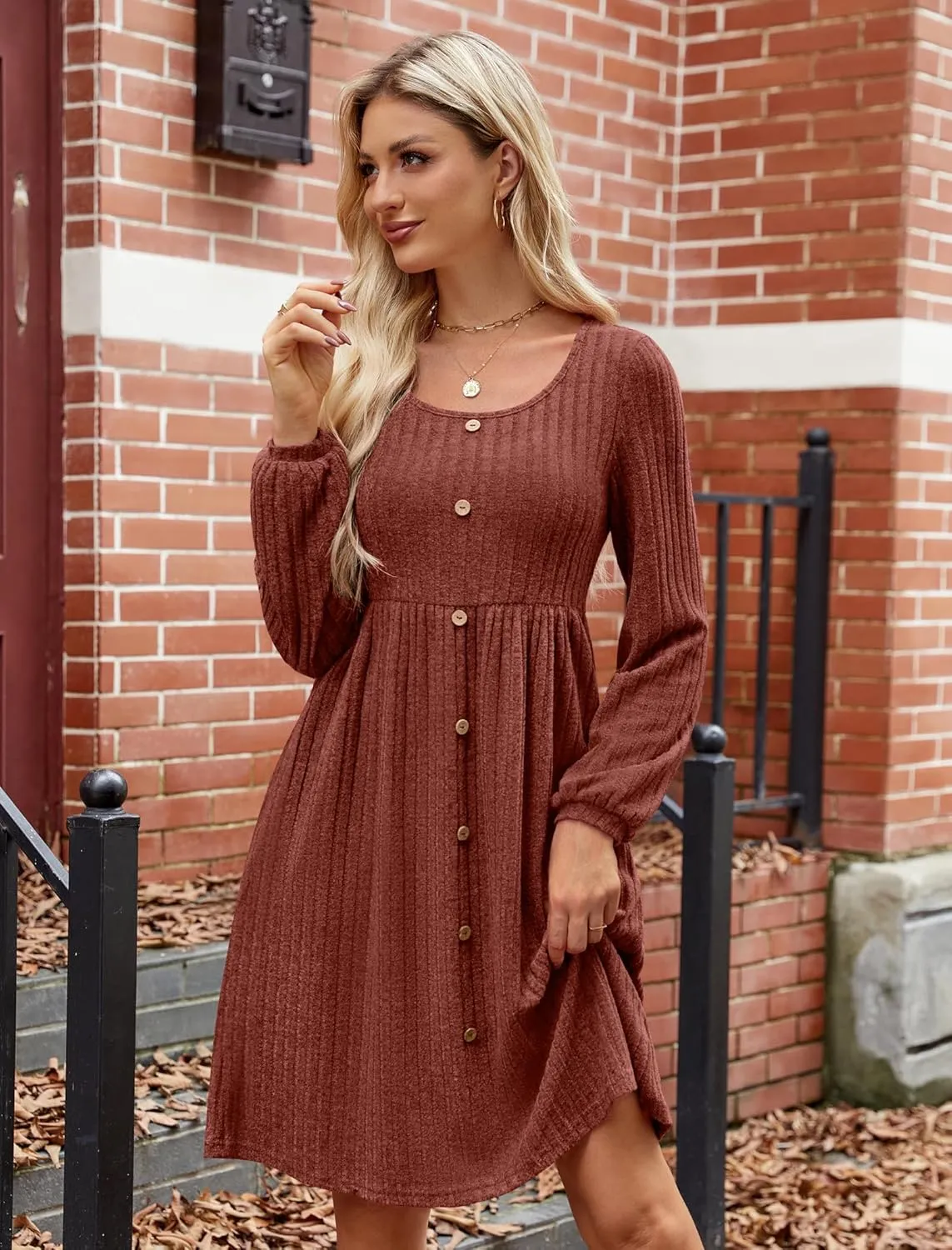 JUSTFASHIONNOW Womens Knit Dress Long Sleeve Knee Length Dresses Button Fall Dress with Pockets Trendy 2025