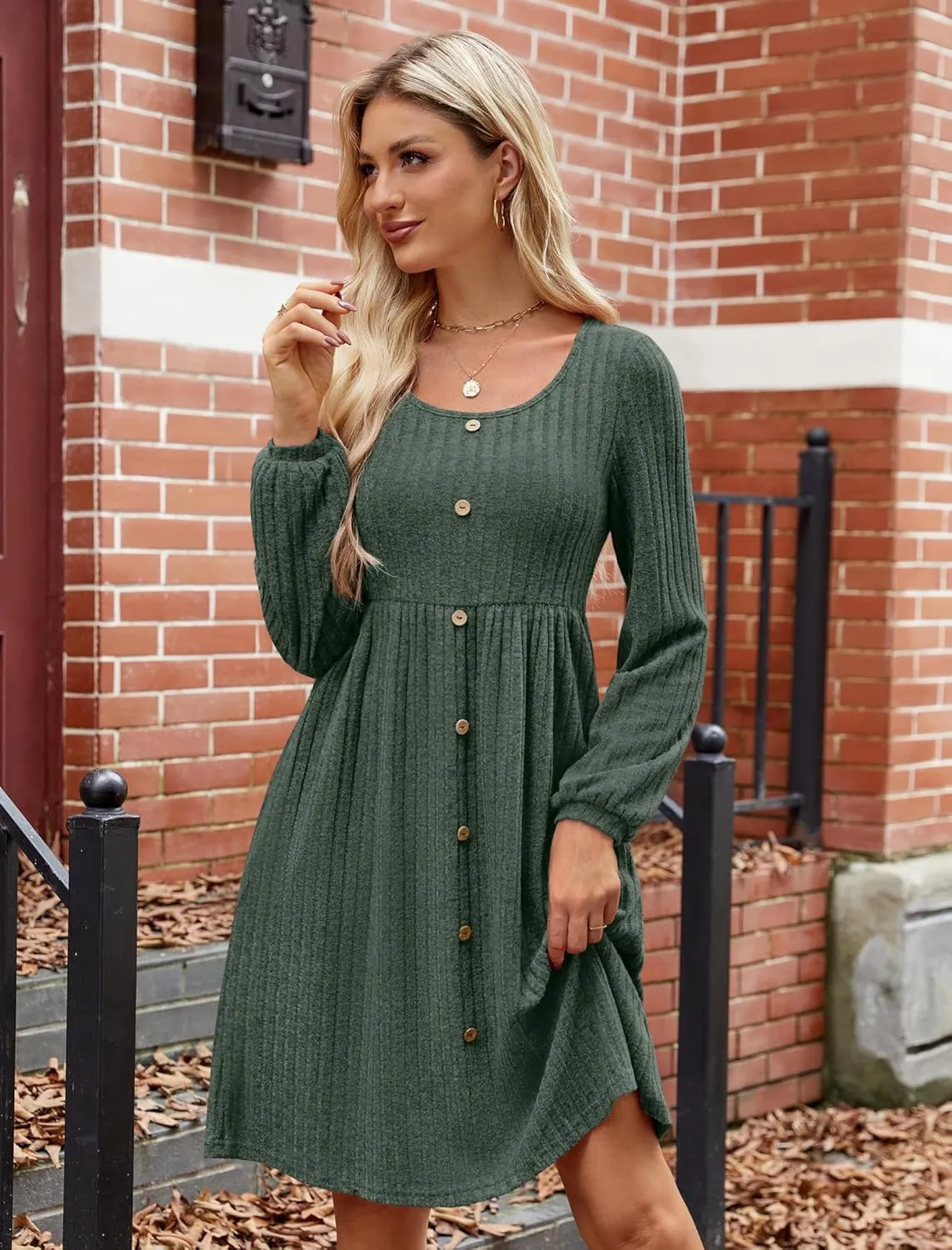 JUSTFASHIONNOW Womens Knit Dress Long Sleeve Knee Length Dresses Button Fall Dress with Pockets Trendy 2025