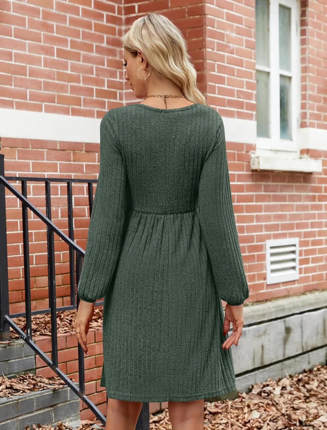 JUSTFASHIONNOW Womens Knit Dress Long Sleeve Knee Length Dresses Button Fall Dress with Pockets Trendy 2025