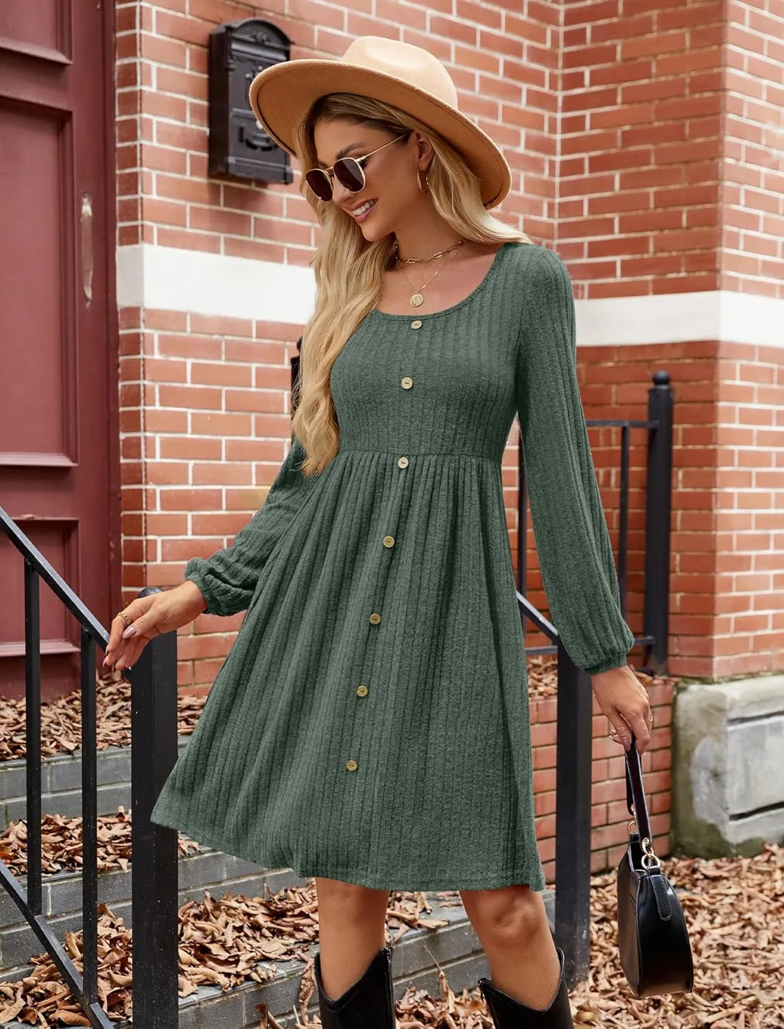 JUSTFASHIONNOW Womens Knit Dress Long Sleeve Knee Length Dresses Button Fall Dress with Pockets Trendy 2025