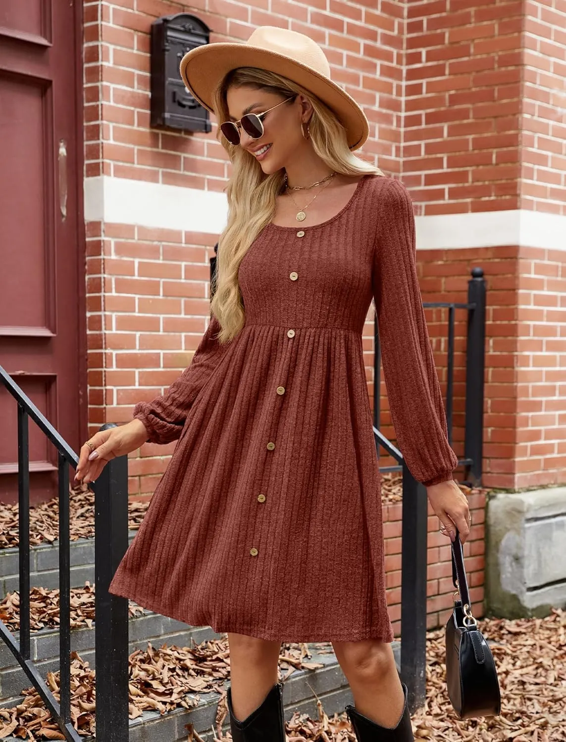 JUSTFASHIONNOW Womens Knit Dress Long Sleeve Knee Length Dresses Button Fall Dress with Pockets Trendy 2025