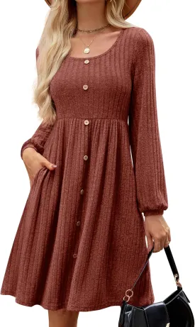 JUSTFASHIONNOW Womens Knit Dress Long Sleeve Knee Length Dresses Button Fall Dress with Pockets Trendy 2025