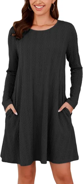 Kormei Womens Long Sleeve A-Line 2024 Fall Dresses with Pockets Knit Casual Crew Neck Knee Length Sweater Dress