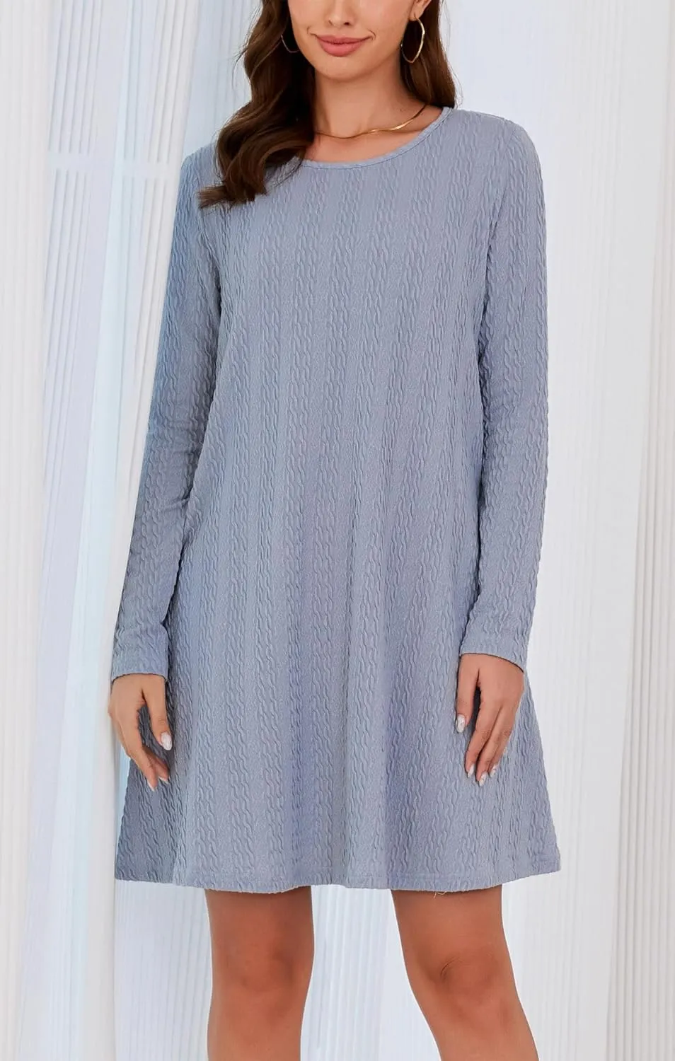 Kormei Womens Long Sleeve A-Line 2024 Fall Dresses with Pockets Knit Casual Crew Neck Knee Length Sweater Dress