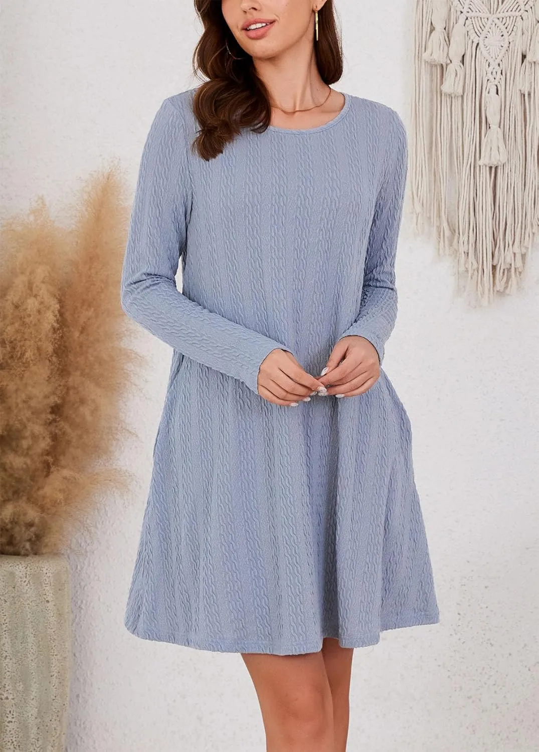 Kormei Womens Long Sleeve A-Line 2024 Fall Dresses with Pockets Knit Casual Crew Neck Knee Length Sweater Dress
