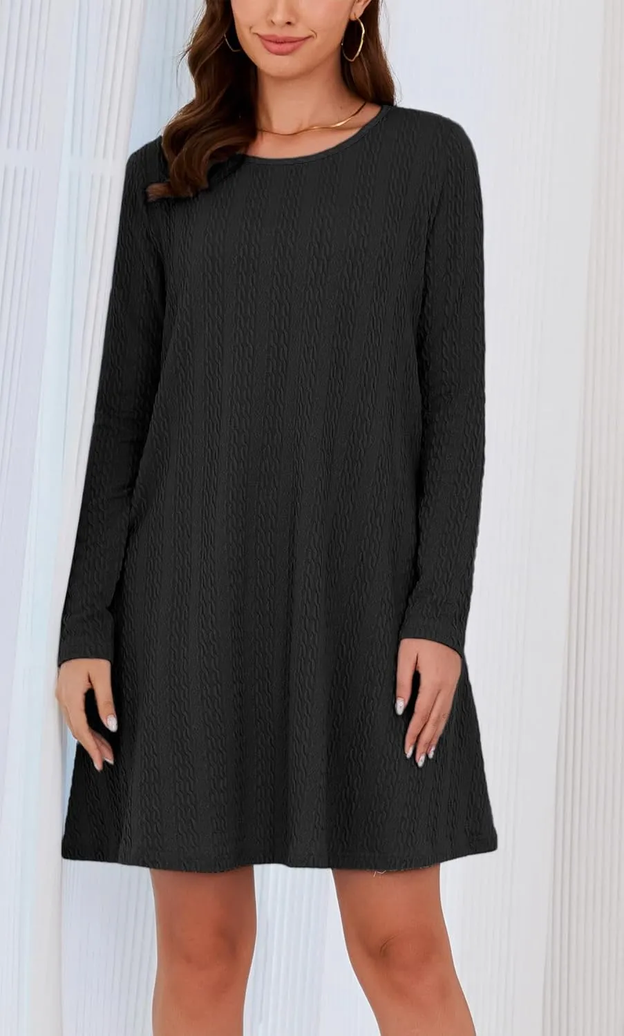 Kormei Womens Long Sleeve A-Line 2024 Fall Dresses with Pockets Knit Casual Crew Neck Knee Length Sweater Dress