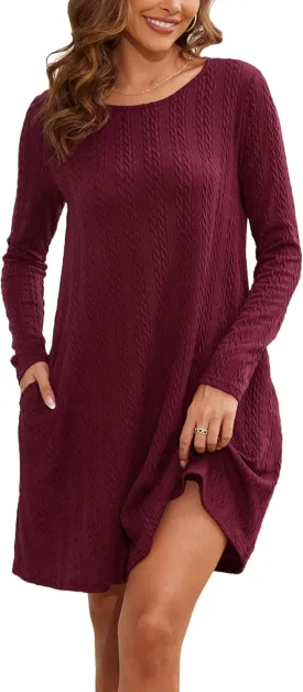 Kormei Womens Long Sleeve A-Line 2024 Fall Dresses with Pockets Knit Casual Crew Neck Knee Length Sweater Dress
