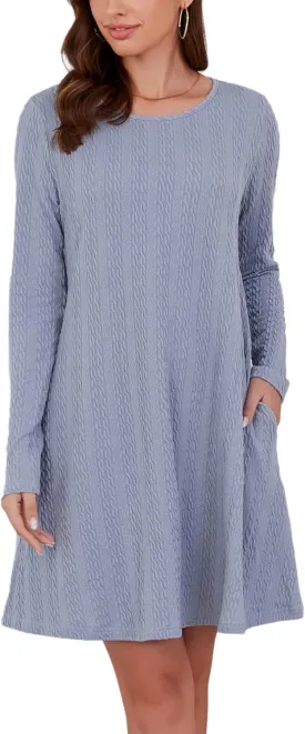 Kormei Womens Long Sleeve A-Line 2024 Fall Dresses with Pockets Knit Casual Crew Neck Knee Length Sweater Dress