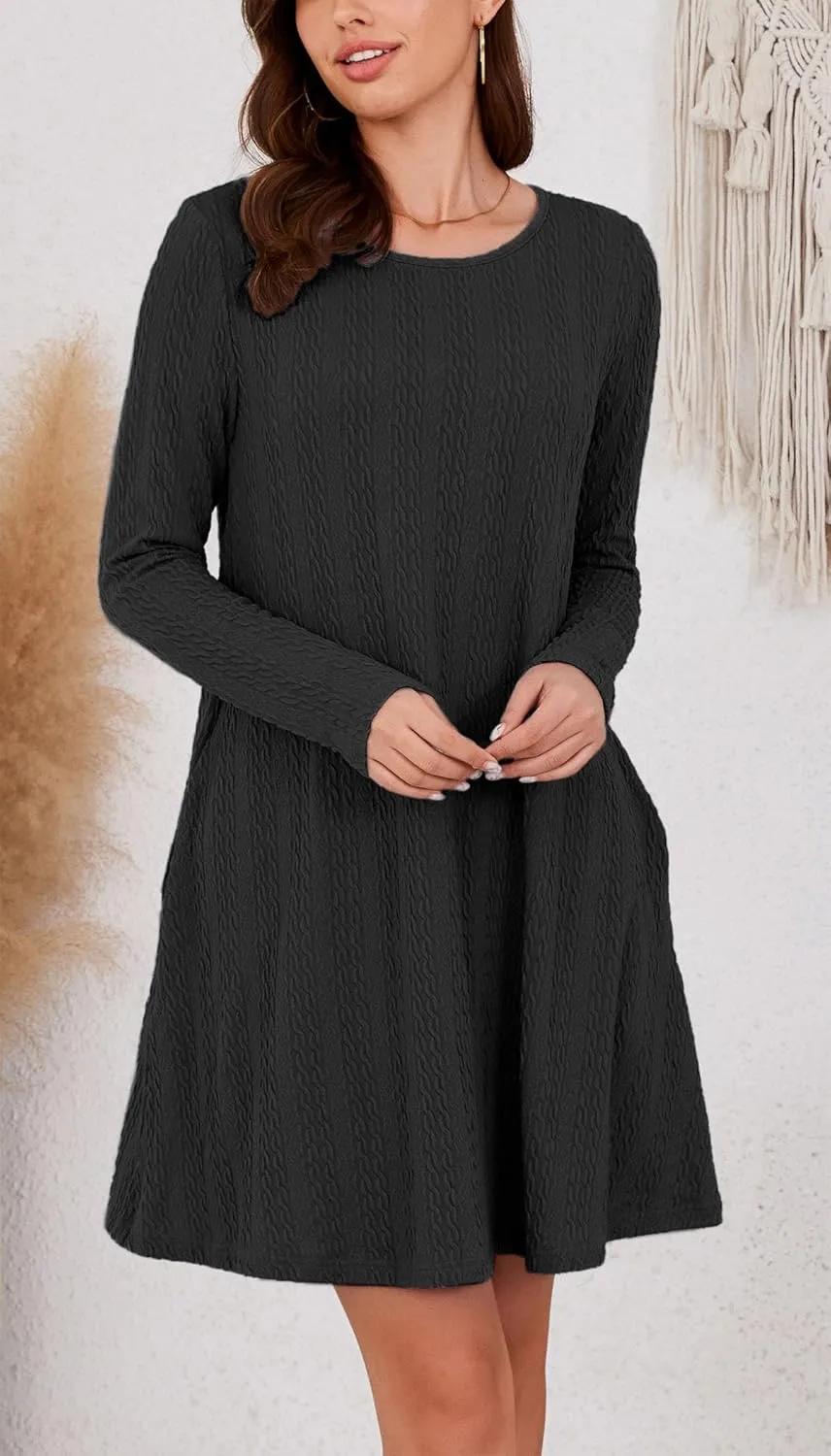 Kormei Womens Long Sleeve A-Line 2024 Fall Dresses with Pockets Knit Casual Crew Neck Knee Length Sweater Dress